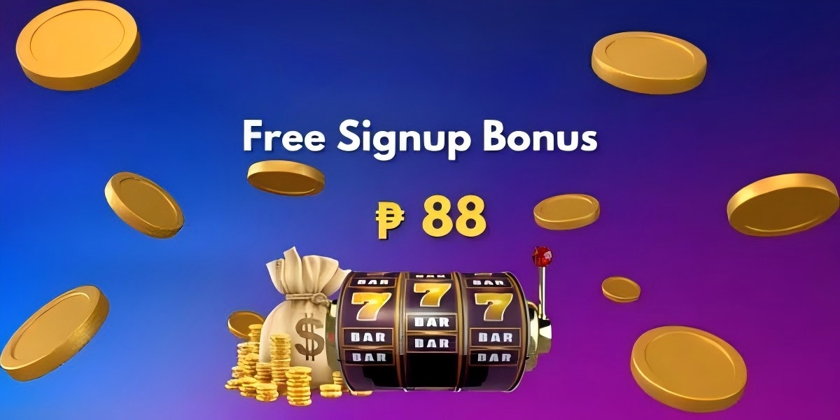 Free signup bonus banner with 88 pesos in gold coins and a 777 slot machine on a blue to purple gradient